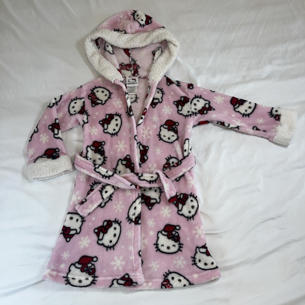Hello Kitty Girl's‎ Hooded Plush Fleece AOP Christmas Bathrobe Robe Size XS 4/5
